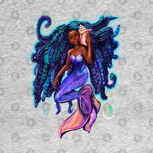 mermaid with flowing braids and conch sea shell , brown eyes curly Afro hair and caramel brown skin by Artonmytee